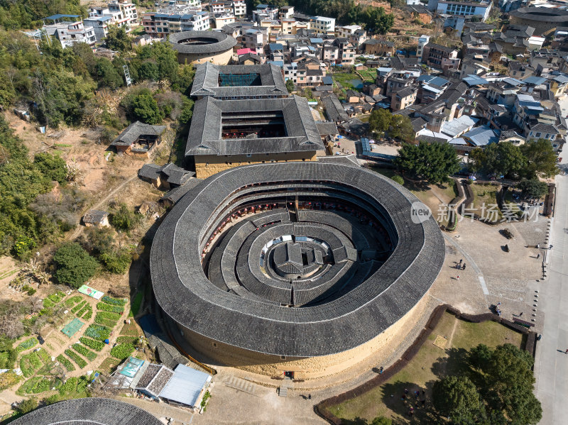 福建漳州永定客家土楼群建筑高空航拍