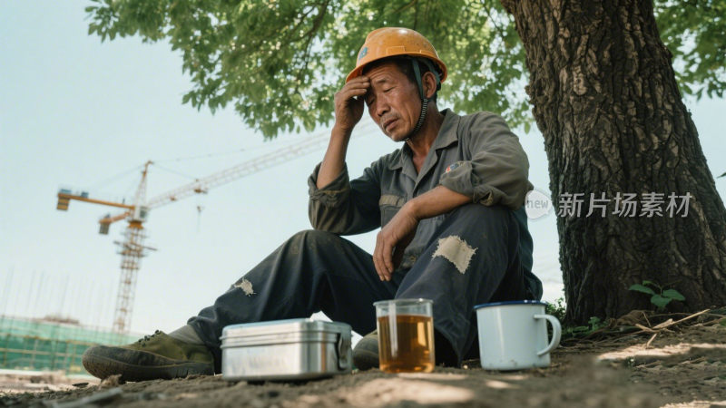 工地工人树下休息场景