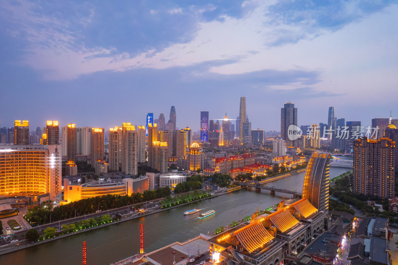 天津海河古文化街码头城市夜景风光航拍