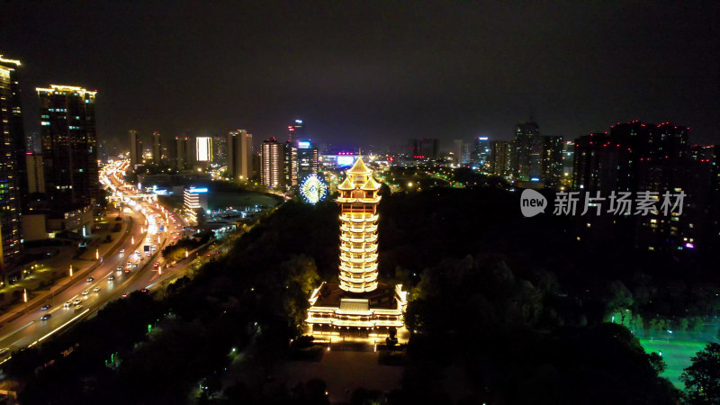 成都塔子山公园九天楼夜景灯光航拍图