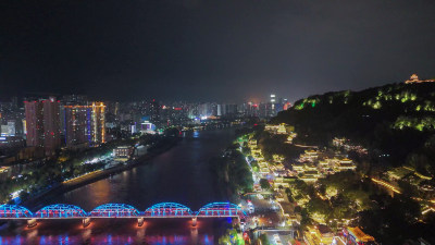 甘肃兰州中山桥夜景航拍