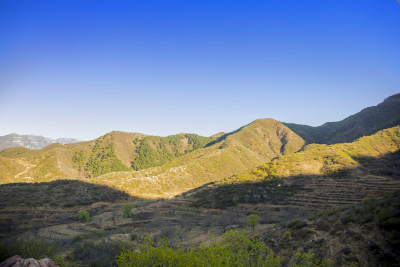 阳光照耀下的葱郁山脉风景