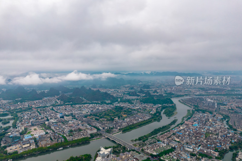 桂林城市乌云密布暴雨来临航拍