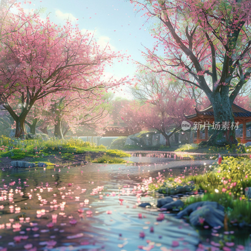 春季溪流两旁载着盛开的樱花树