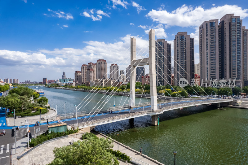 晴天天津海河刘庄桥城市建筑风光航拍