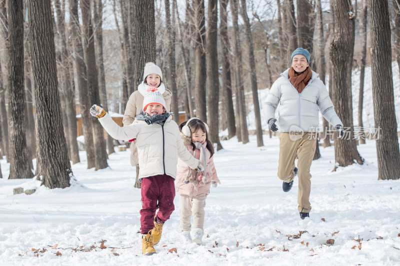 欢乐家庭在雪地里奔跑