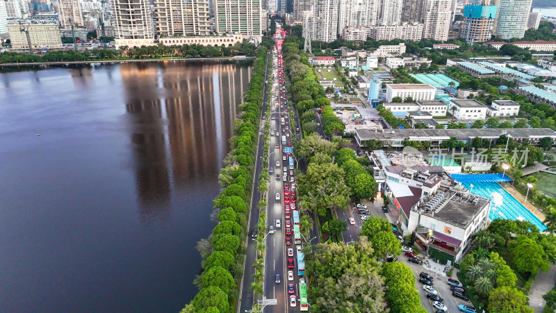 福建厦门高峰期拥堵交通航拍