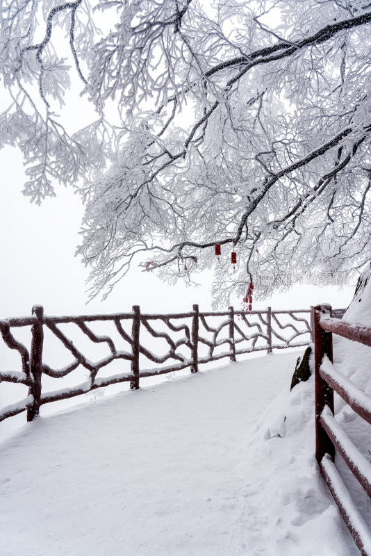 冬天大雪景区步道栏杆